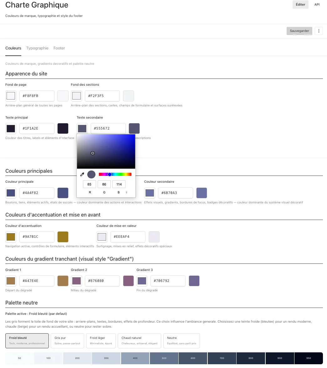 Illustration du menu de configuration de la charte graphique dans Lugor