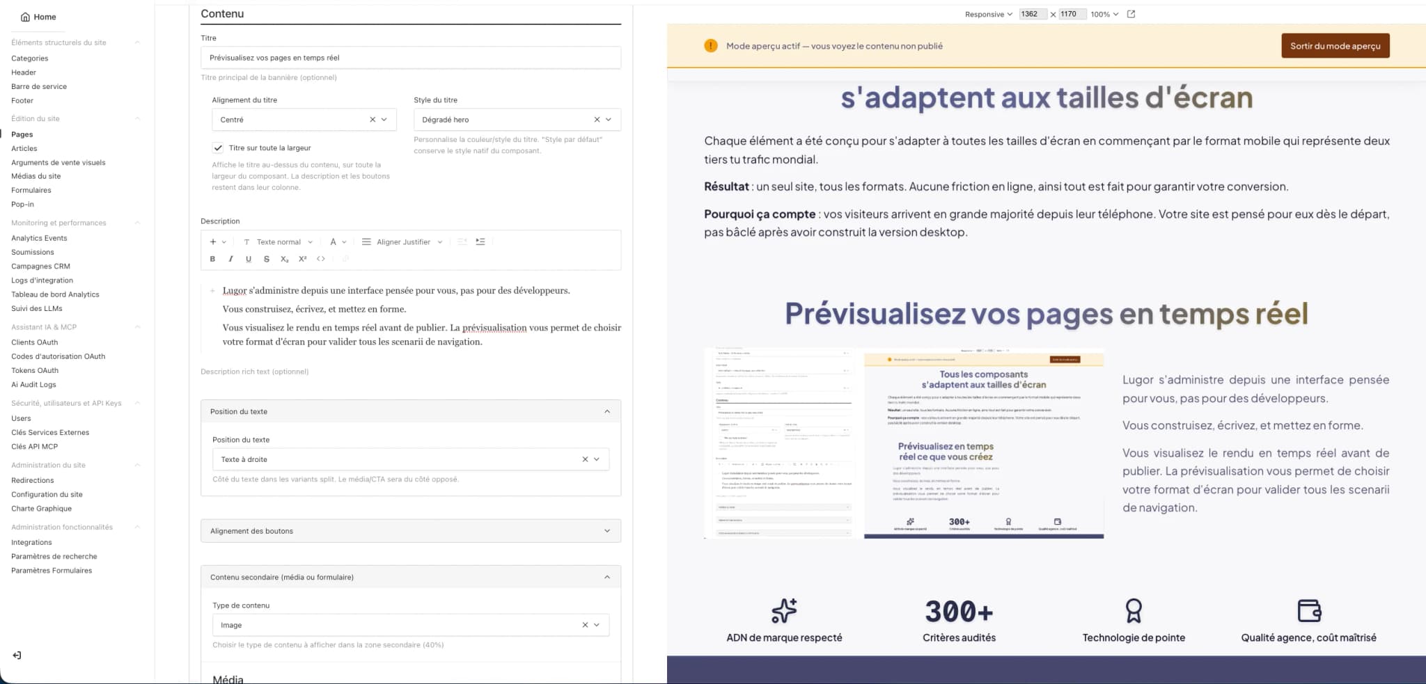 Capture d'écran du CMS Lugor et de la prévisualisation en direct