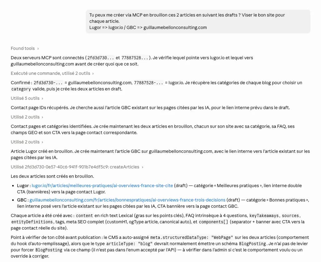 Capture d'écran d'échange agentique avec des sites Lugor