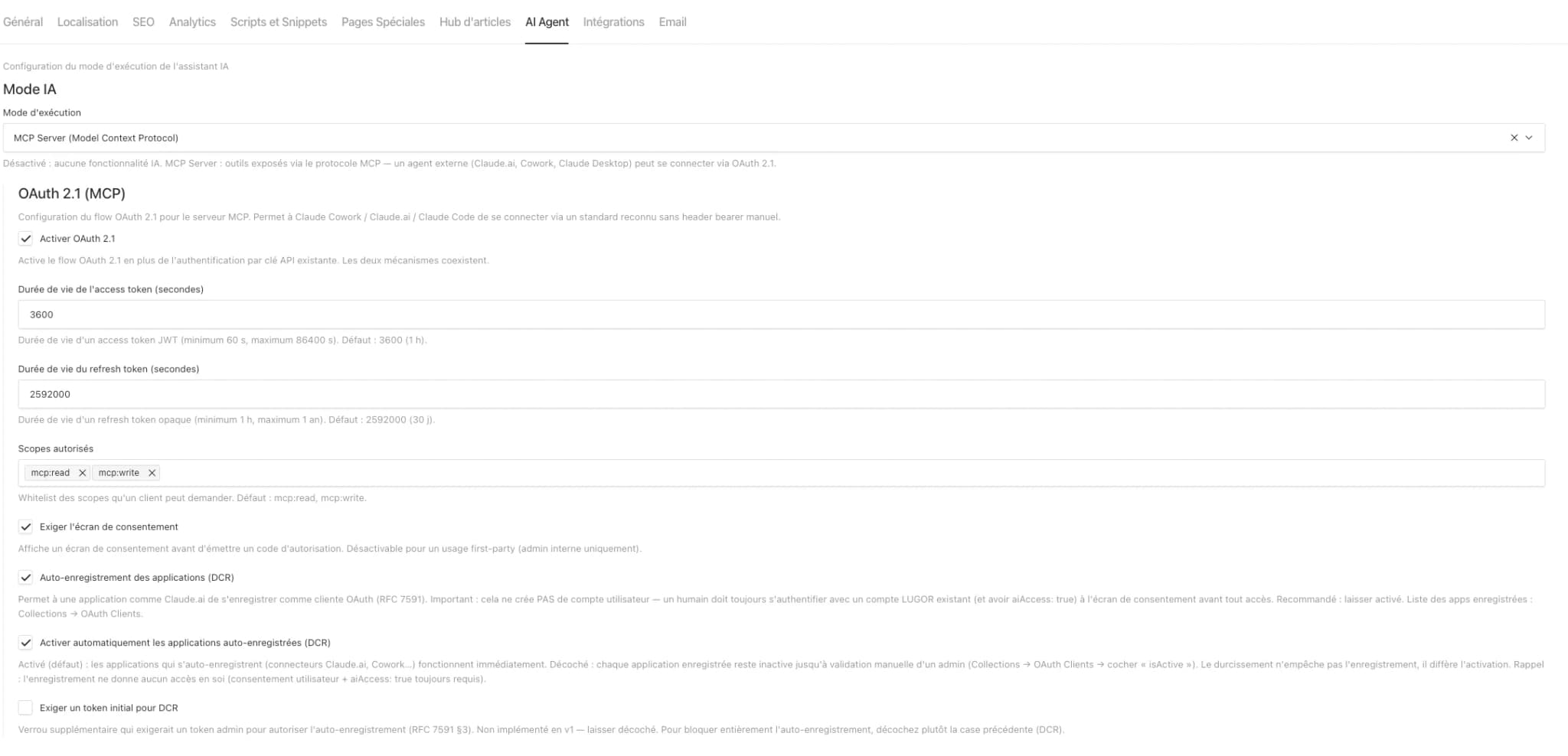 Capture d'écran du menu dans les configurations du site pour activer le serveur MCP