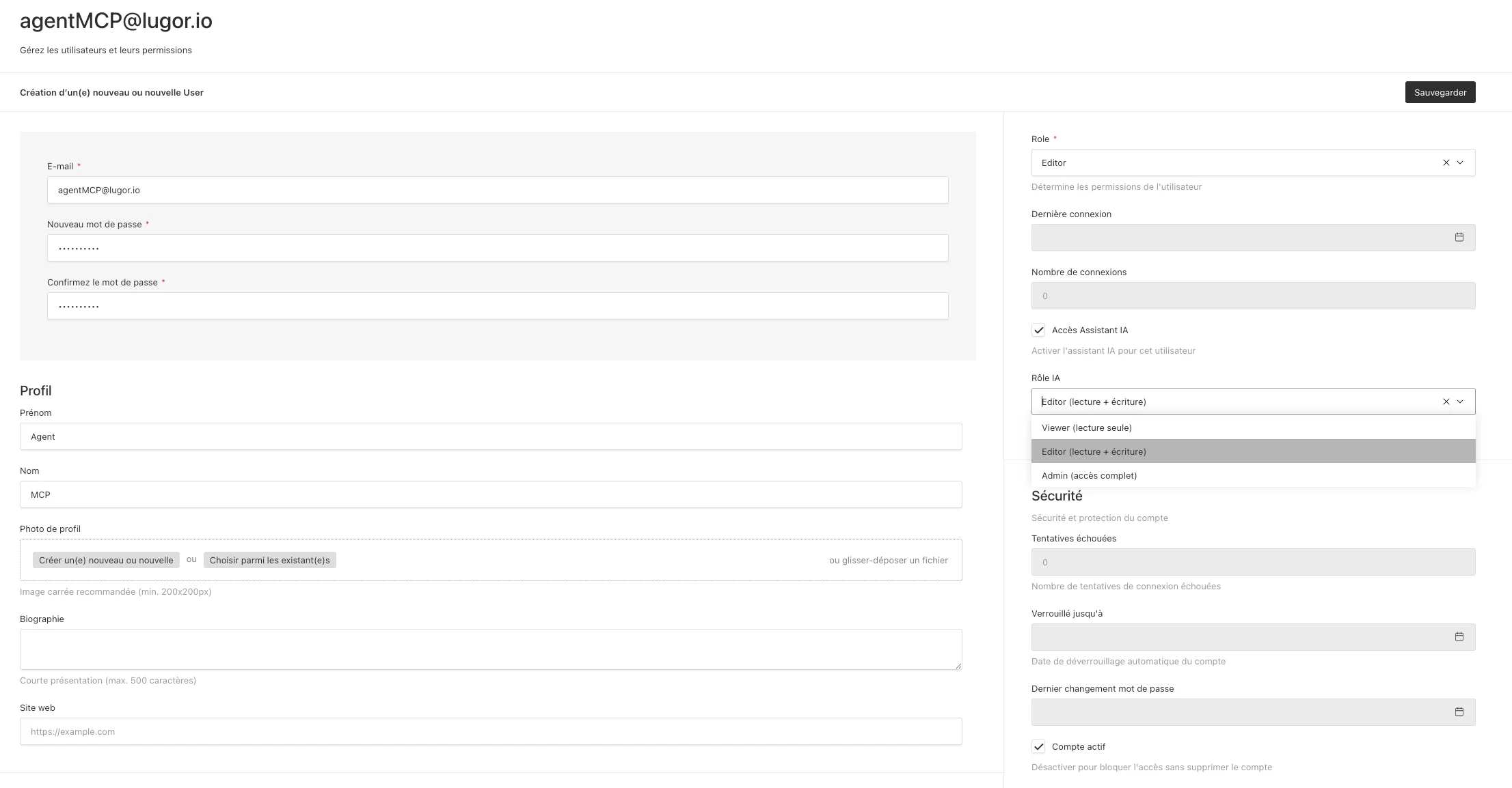 Capture d'écran du menu Lugor de création d'utilisateur pour créer utilisateur agent IA