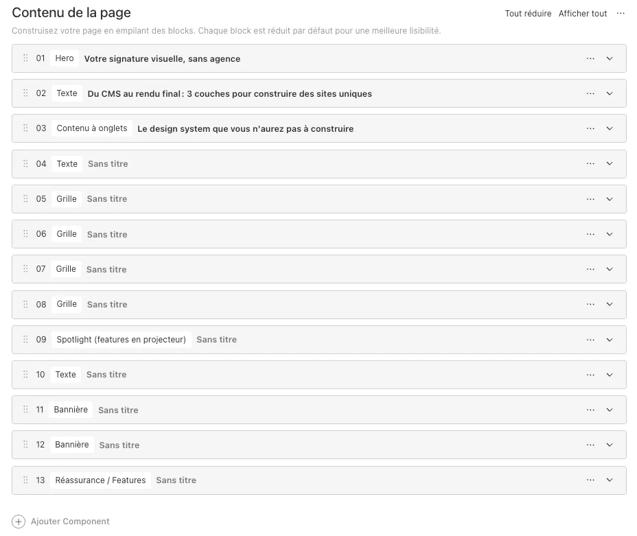 Illustration des blocks qui construisent cette page dans le CMS Lugor